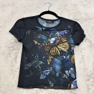 Self Esteem Sheer Mesh Butterfly AOP Top Womens S Black Blue Fairy Whimsical Y2K